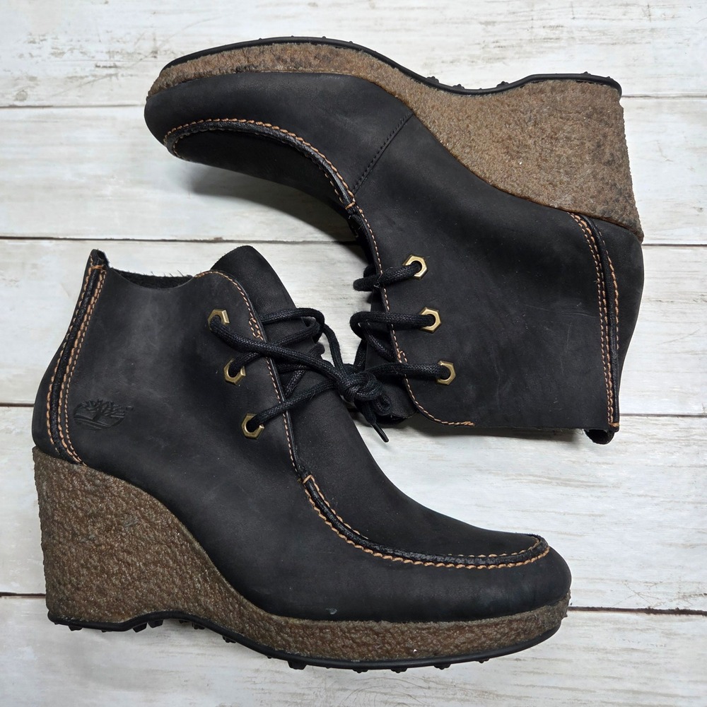 Timberland 80367 Lace Up Wedge Ankle Boot Women 5.5 Black Leather Moc Toe